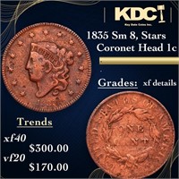 1835 Sm 8, Stars Coronet Head Large Cent 1c Grades