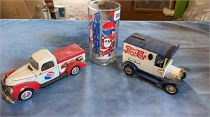(2) Pepsi-Cola Die-Cast Banks & Glass