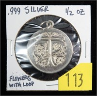 .999 Silver 1/2 oz. silver round w/loop for chain,