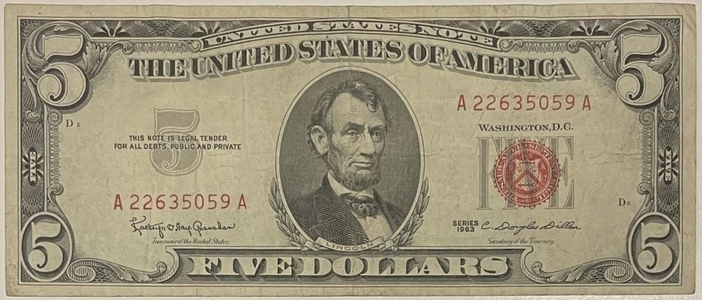1963 $5 US Note RED Seal A's Diff. Font