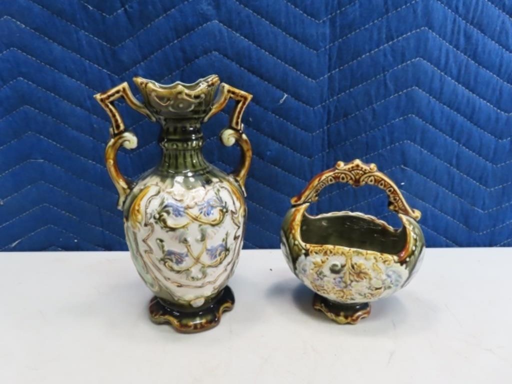 (2) Antique #'d Pottery Glazed rare? German? Vases