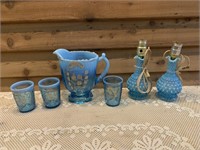 BLUE PITCHER & GLASSES PLUS VINTAGE LAMPS