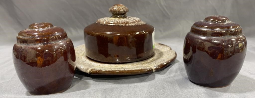 Brown Pottery Butter Dish & S/P Shakers