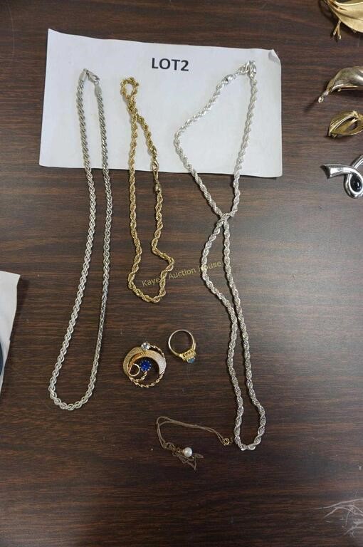 3-heavy chains, brooch, ring & gold-filled chain