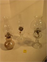 3 Kerosene Lamps with Chimneys