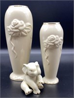 Lenox Rosebud Vases and Elephant