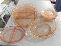 PINK DEPRESSION GLASS SAUCERS, DIVIDED DISH