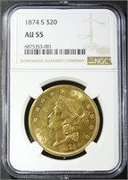 1874-S $20 GOLD LIBERTY NGC AU-55