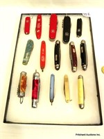 Collection Of 15 Pocket Knives In Glass Display Ca