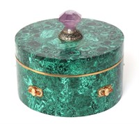 Large Jeweled Malachite Circular Jewelry Box