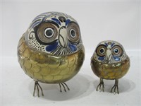 Pair Mexican Brass & Pottery Owls Signed