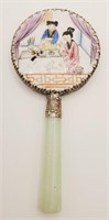 (N) Porcelain Geisha Mirror with Jade Handle (5"