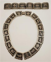 (N) Sterling Silver Aztec Link Bib Necklace (14"