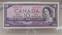 1954 $10.00 Canadian Bank Note A U,  Prefix V D