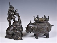 A Bronze Elephant Shape Censer and A Figure