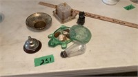 Bell, vintage lightbulb, glass turtle, other