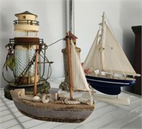 GROUP OF NAUTICAL DECOR, LIGHT HOUSE, BOATS, MISC