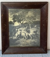 Vintage Wooden Framed Herding Sheep Artwork