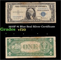 1935F $1 Blue Seal Silver Certificate Grades vf, v