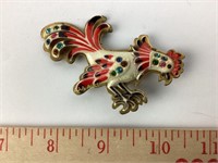 Metal, celluloid & rhinestone rooster brooch