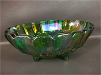 Vintage Heavy Green Footed Carnival Glass Bowl