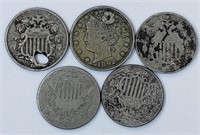 5 U.S. Nickels - Rough Shape