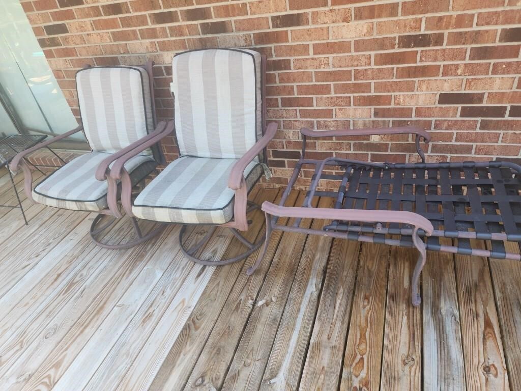 Two Swivel patio chairs and lounge chair,