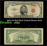 1953 $5 Red Seal United States Note Grades vf+