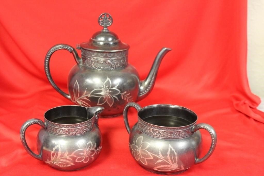 Set of 3 Silverplated Teapot, Sugar and Creamer