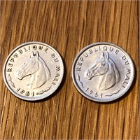 (2) 1961 Mali 10 Francs Coins