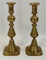 UNIQUE SHAPED ANTIQUE BRASS PUSH UP CANDLE STICKS