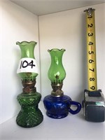Vintage Pair of Green and Blue Glass Kerosene