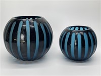 Two Cut Blue and Black Art Glass Vases