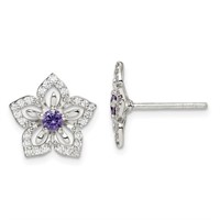 Sterling Silver Purple  Crystal Flower Earrings