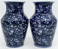 Pair of 10in Blue & White Floral Vases