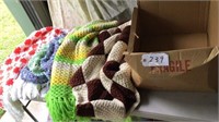 Crochet blankets, box of sheets