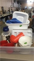 TOTE OF DISHES & SYRAFOAM COOLER W/ EXERCISE BALL