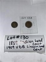 Lot #130) 1859 Indian head cent, 1909 VDB Lincoln