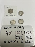 Lot#129) 4x-1883, 1883, 1898, 1912 Victory Nickels