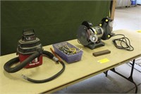 Bench Grinder, Shop Vac & Assorted Hooks, Work