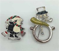 2 TC AVON Skating Penguin & Snowman Brooches