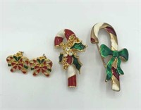 Lot of 3 Christmas Candy Cane Brooches & Earrings