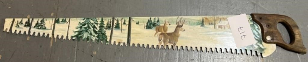 40+" painted saw decor; deer; landscape
