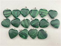 12 carved malachite stone heart jewelry charms.