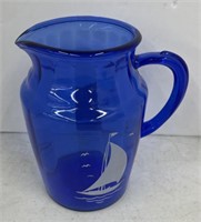 (AD) Cobal Glass Sailboat Pitcher. 8 1/2 x 7 1/2 x