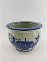 Beautiful planter 7" tall, blue and white with Gre
