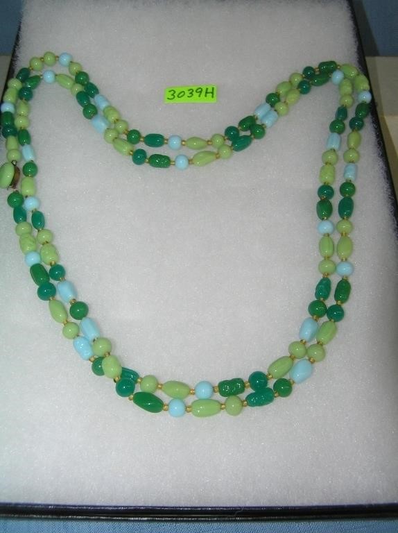 Antique triple tone green and blue glass necklace