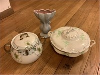 Vintage Sugar bowl , casserole Dish and vase