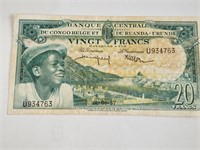 Belgian Congo 20 Francs 1.6.1957 P-31 VF-XF .EK19