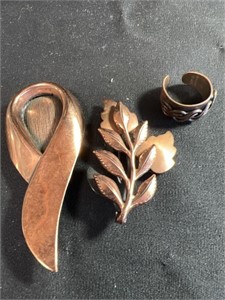 2 vintage Renoir brooches and a solid copper ring